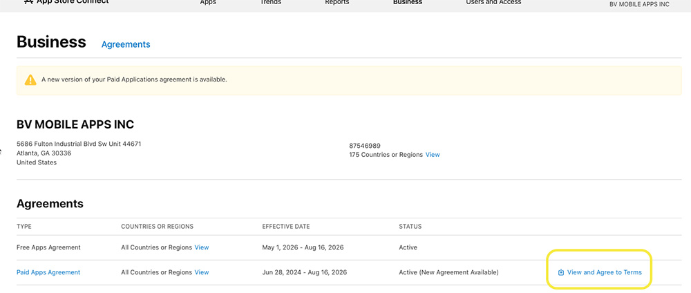 App Store Connect - Business section
