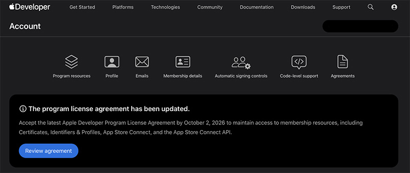 Apple Developer Account - License Agreement