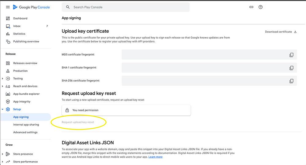 Google Developer Account - Request Key Upload Reset