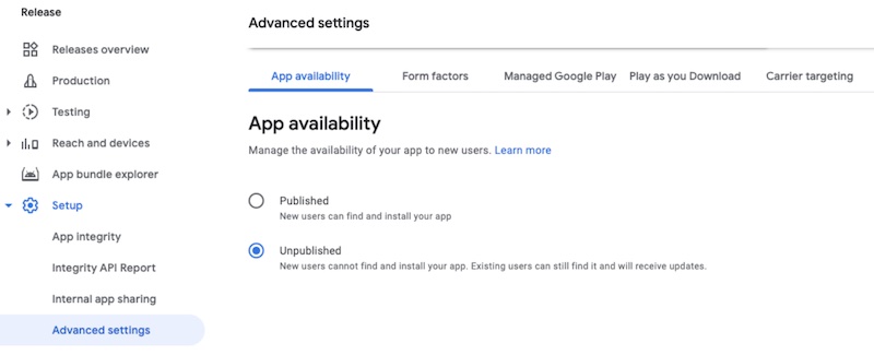 Google Play Developer Console - App Availability