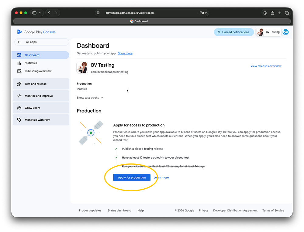 Google Play Developer Account - Dashboard