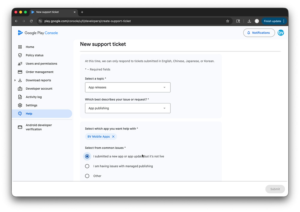 Google Play Developer Account - Select Issue