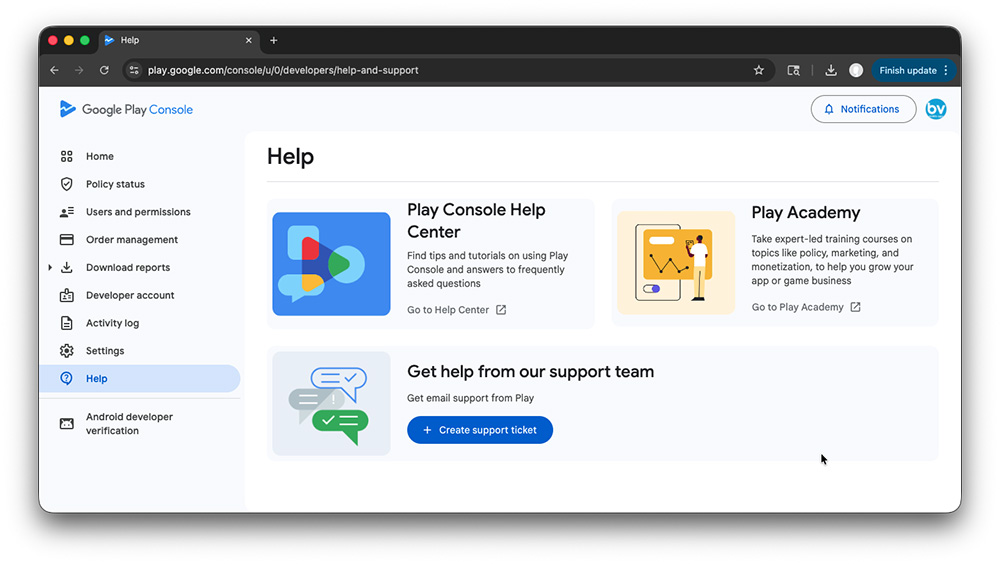 Google Play Developer Account - Help Menu