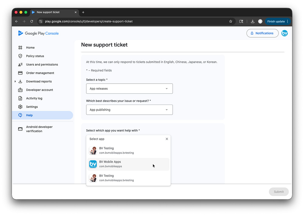 Google Play Developer Account - Select App