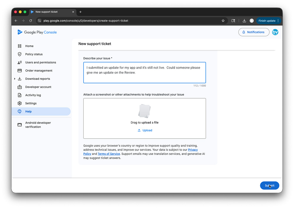 Google Play Developer Account - Submit Ticket