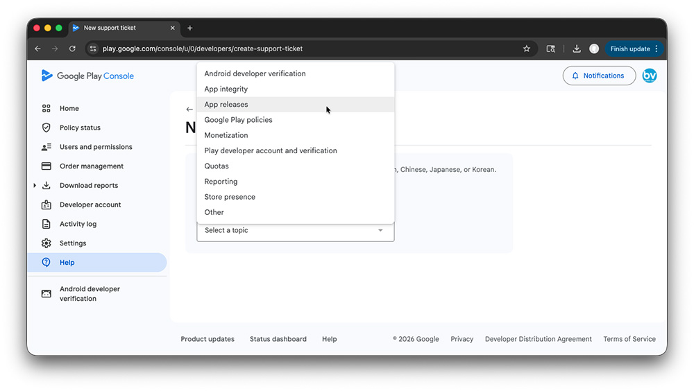 Google Play Developer Account - Select Topic