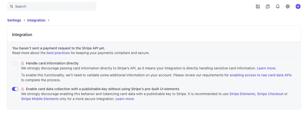 Enable card data collection with a publishable key without using Stripe's pre-built UI elements