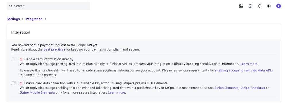Stripe > Integration > Nothing Selected